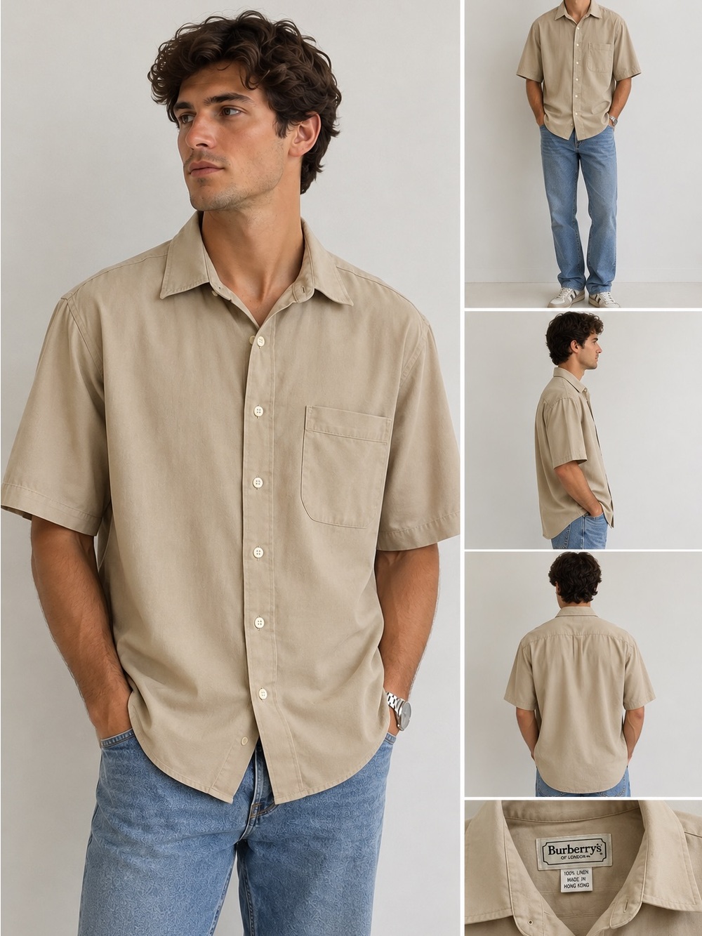 Burberry Vintage Tan Short-Sleeve Button-Down Cotton Shirt
